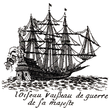 L'Oiseau, vaisseau de guerre de sa Majesté. Détail de la carte du père Placide.