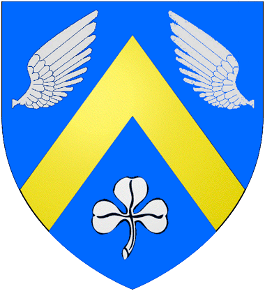 Blason de la famille Des Werquains, d'azur à un chevron d'or, accompagné en chef de demi-vols d'argent et en pointe de trèfle de même.