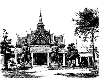 Entrée d'une pagode. Illustration extraite de «&nbsp;Description du royaume Thaï ou Siam&nbsp;» de Mgr&nbsp;Pallegoix